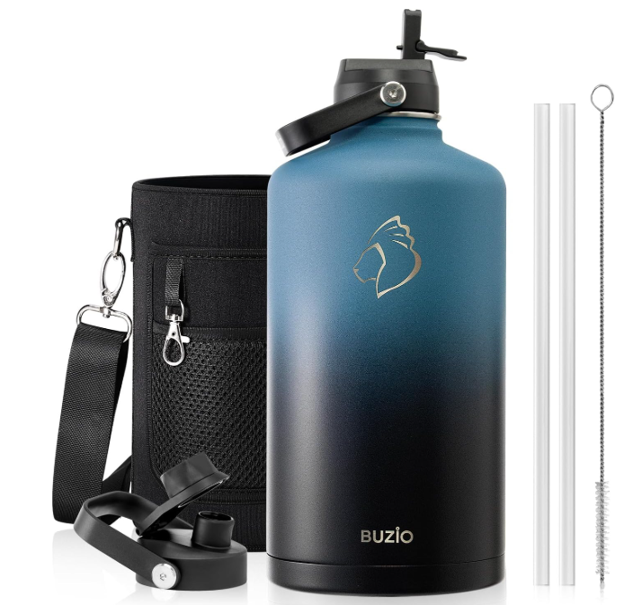 BUZIO 1 Gallon Water Bottle Insulated with Straw Lid, 128oz Large Water Jug Stainless Steel Metal Vacuum Water Flask Leak Proof 18/8 Food Grade Thermo Mug Keep Cold 48H & Hot 24H, Indigo Crush