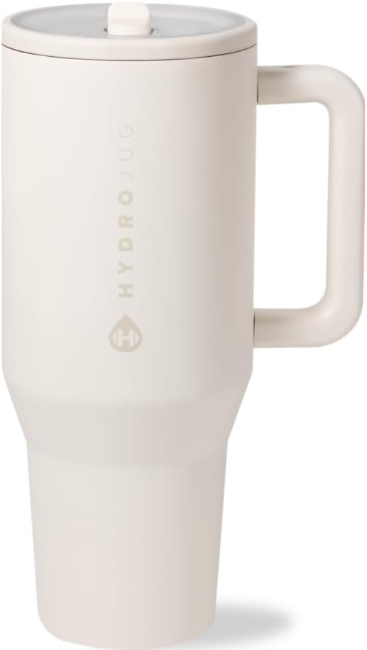 HydroJug Traveler - 32 oz Water Bottle with Handle & Flip Straw - Fits in Cup Holder, Leak Resistant Tumbler-Reusable Insulated Stainless Steel & Rubber Base - Gifts for Women & Men, Cream