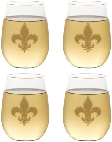 Set of 4 Shatterproof Designer 16 oz Plastic Wine Glasses MADE in the USA (FLEUR DE LIS)