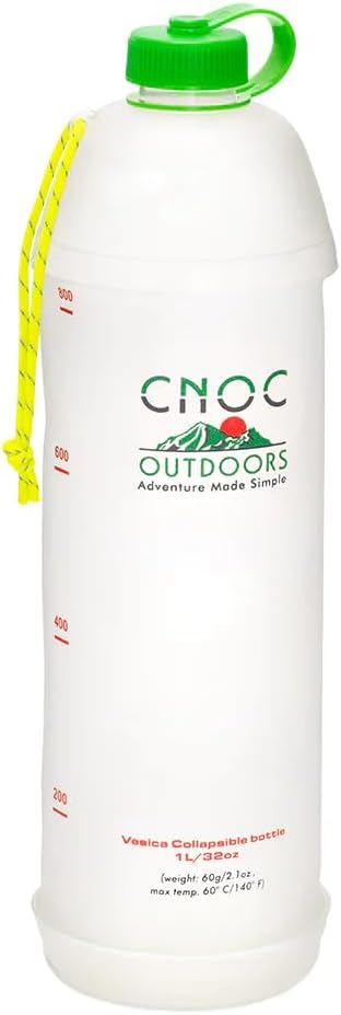 Cnoc Outdoors Vesica Collapsible Water Bottle 1 Liter Green, 28mm Thread Compatible with Popular Filters, Packs Down Small when Empty, Perfect for Travel and Hiking