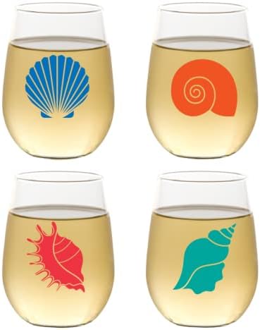 Set of 4 Shatterproof Designer 16 oz Plastic Wine Glasses MADE in the USA (SEA SHELLS)