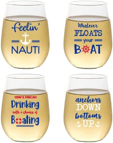 Set of 4 Shatterproof Designer 16 oz Plastic Wine Glasses MADE in the USA (BOAT LIFE)