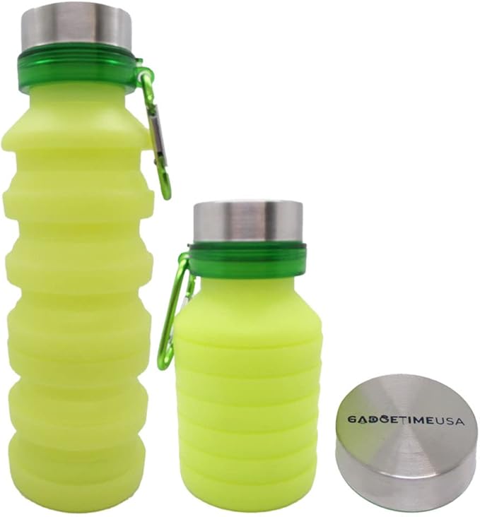 Gadgetime USA Collapsible Water Bottle (Yellow) - Reusable, BPA Free, Silicone, Foldable Portable & Leak Proof - Water Bottles for Travel Gym Camping Hiking - Sports Water Bottle with Carabiner