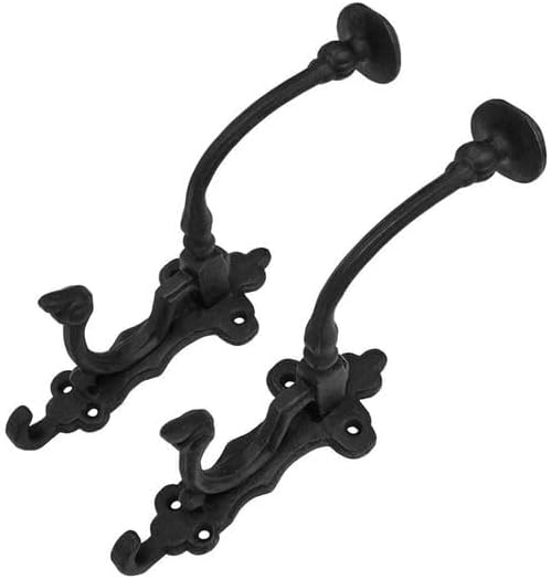 Mystic Colonial Rustic Cast Iron Wall Hooks – Heavy Duty Vintage Utility Hooks for Hanging Coats, Towels, Bags, Robes, Hats & More – Large Decorative Wall Mount Hanger, Pack of 2, Black
