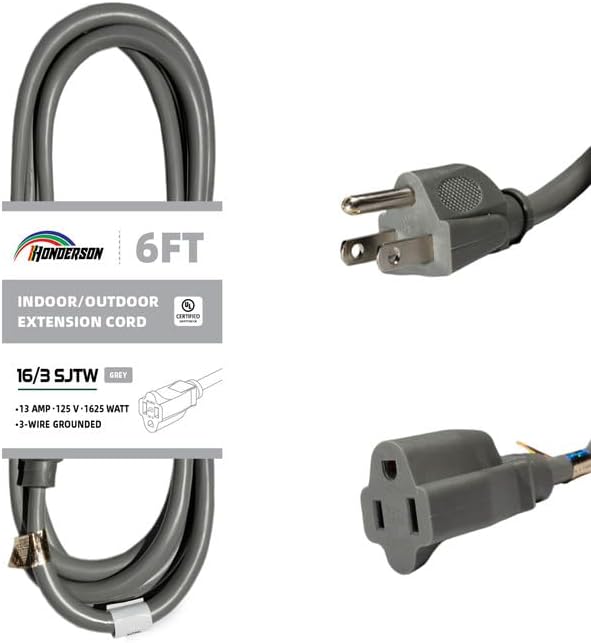 Indoor Outdoor Extension Cord Weatherproof, UL Certified, 16 Gauge 6FT Grey 3 Prong Heavy Duty, 16/3 SJTW 13A Power Cord for Outdoor Lights, Appliances, Lawn