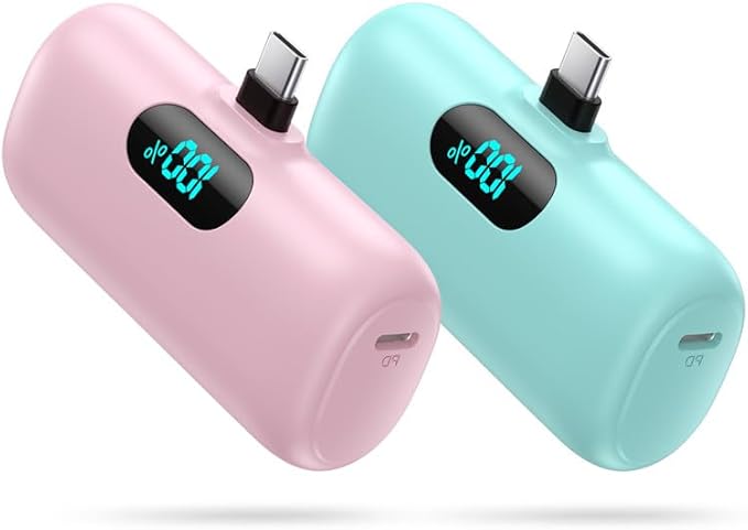 [2-Pack] Mini Portable Charger 5000mAh Power Bank,3A PD USB C Cell Phone Portable Power, LCD Display Battery Pack Compatible with iPhone 17/17 Air/16/16 pro/15/15 pro Max/Android/Samsung/Moto/LG etc