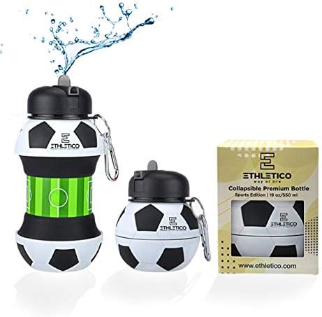 Collapsible Water Bottles with Carabiner Food Grade Sports Water Bottle for Gift Kids Folding Water Bottle for Hiking, GYM, School, Sports and Travelling 19Oz/550ml BPA Free (Soccer)