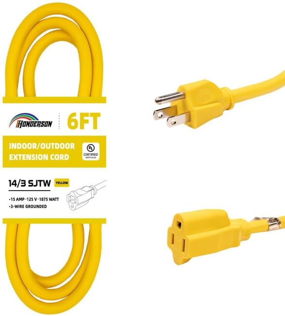 Indoor Outdoor Extension Cord Weatherproof, UL Certified, 14 Gauge 6FT Yellow 3 Prong Heavy Duty, 14/3 SJTW 15A Power Cord for Outdoor Lights, Appliances, Lawn
