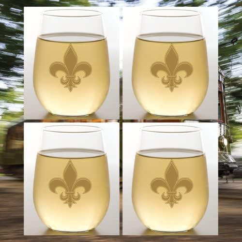 Set of 4 Shatterproof Designer 16 oz Plastic Wine Glasses MADE in the USA (FLEUR DE LIS)