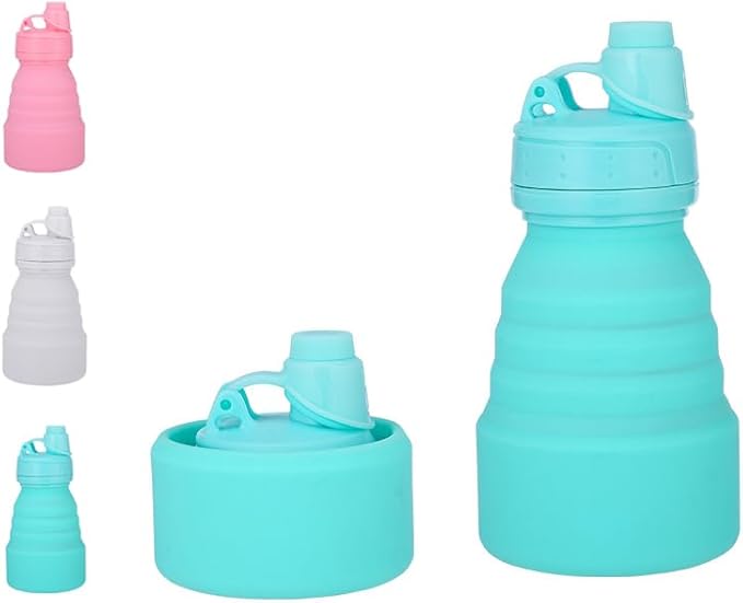 Collapsible Water Bottles 17oz, Odorless BPA-Free Silicone, Leak-Proof Foldable Reusable Bottle - Perfect for Travel Sports Gym Hiking Camping Cycling - Water Blue