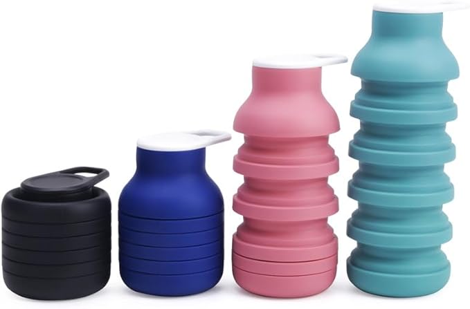 Collapsible Silicone Water Bottle, 600ml Portable Foldable Sports Bottle with Carabiner, Food Grade Silicone and PP (dusty pink)