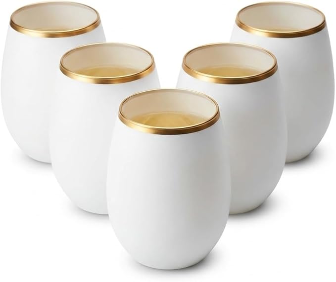 Oojami 40 count Unbreakable Stemless Plastic Wine Champagne Whiskey Glasses Elegant Durable Disposable Indoor Outdoor Ideal for Home, Office, Bars, Wedding, 12 Ounce Cups Gold Rim (White Matte Gold)