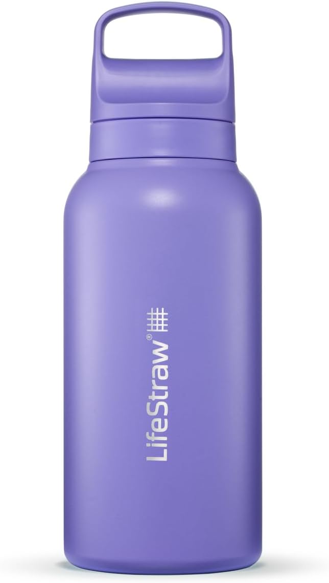 LifeStraw Go Series – Insulated Stainless Steel Water Filter Bottle for Travel and Everyday Use, Removes Bacteria, Parasites and Microplastics, Improves Taste, 1L Thistle Purple
