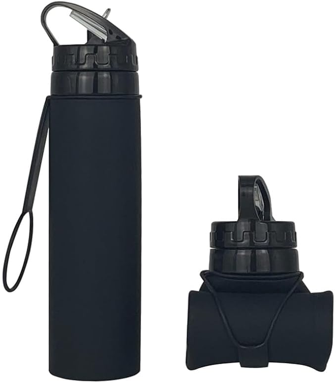 Collapsible Water Bottles 20oz, Odorless BPA-Free Silicone, Leak-Proof Foldable Reusable Bottle - Perfect for Cruise Travel Sports Gym Hiking Camping Cycling - Black