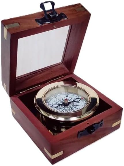 Vintage Brass Compass with Wooden Box – Antique Navigation Compass for Hiking, Camping, Gifts & Home Decor – Classic Map Reading Compass for Men
