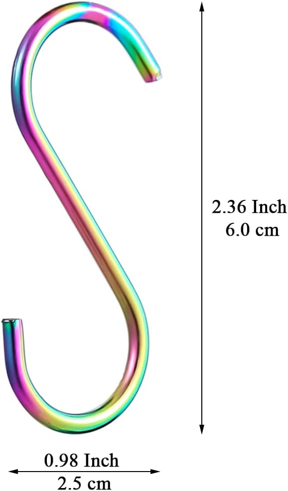 Evanda Rainbow S Hooks for Hanging Pack of 30, Heavy Duty Stainless Steel Titainium Plating Metal Mutil Purpose Hanger for Kitchen Pans, Pots, Utensils Tooks, Cups, Mugs, Clothes, Bags, Towels, Plants