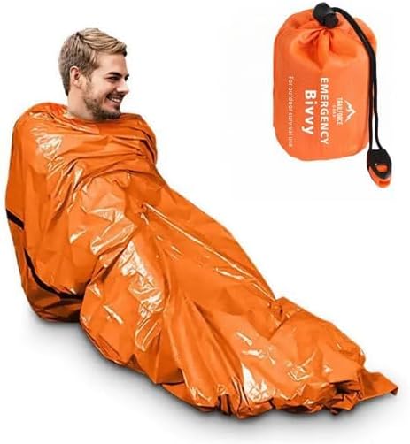 Emergency Bivy Sack Survival Sleeping Bag – Waterproof Thermal Emergency Blanket Shelter for Camping, Hiking, Survival Kit, Outdoor Emergency Gear – Ultralight Compact Orange Bivy