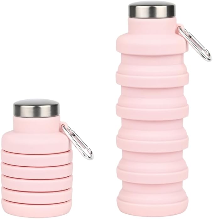 Vnek Portable Collapsible Water Bottle - Lightweight Silicone Bottle 500ml, BPA-Free, Leak-Proof and Foldable for Gym, Travel, Hiking, Camping, and Everyday Use (Pink)