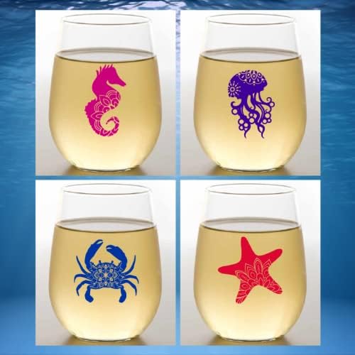 Set of 4 Shatterproof Designer 16 oz Plastic Wine Glasses MADE in the USA (SEA LIFE)