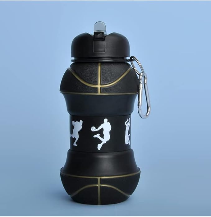 Louis Donné Silicone Collapsible Water Bottle, Toddler Water Bottle Black Basketball Style, Kids 19oz Water Bottle, Toys Gift for Kid Travel Accessories