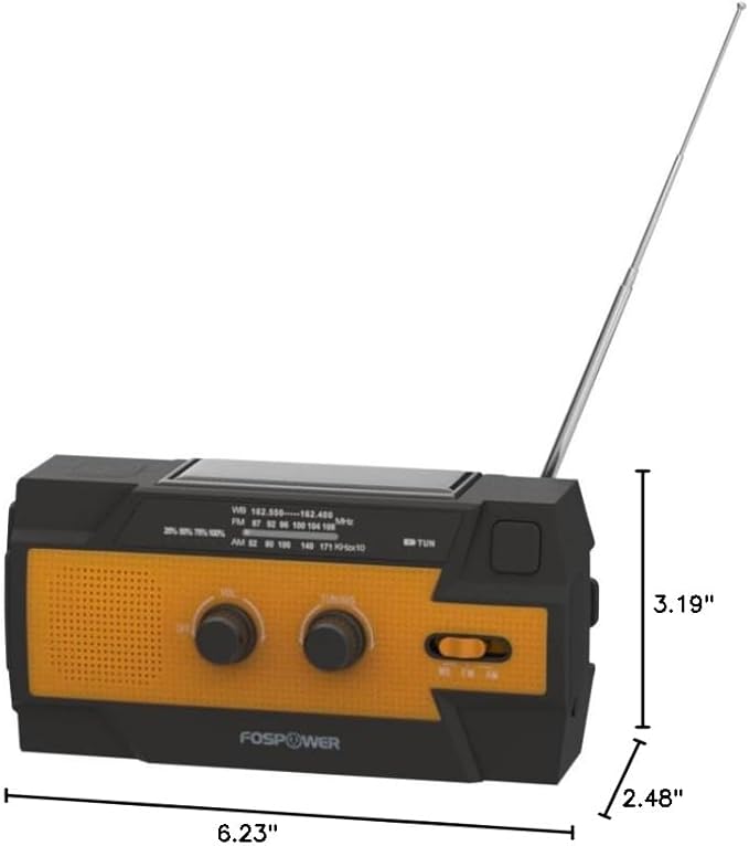 FosPower NOAA Emergency Weather Radio A3 14800mWh Portable Power Bank, AM/FM, USB/Solar/Hand Crank Charging, SOS Alarm & Flashlight for Indoor/Outdoor Emergency - Orange