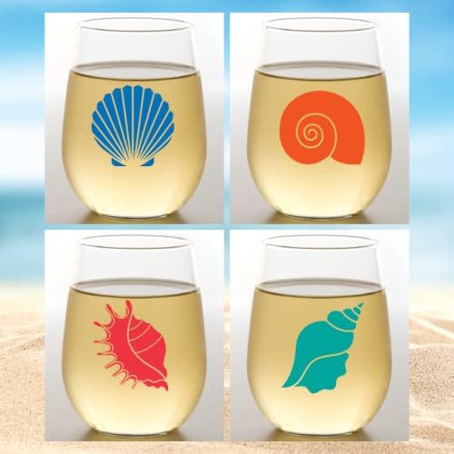 Set of 4 Shatterproof Designer 16 oz Plastic Wine Glasses MADE in the USA (SEA SHELLS)