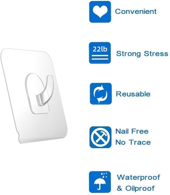 Ninth Five 30 Pack Adhesive Hooks for Hanging, 33lb Heavy Duty Wall Hooks, Clear Plastic Sticky Utility Hook for Home Kitchen Bathroom Office Use