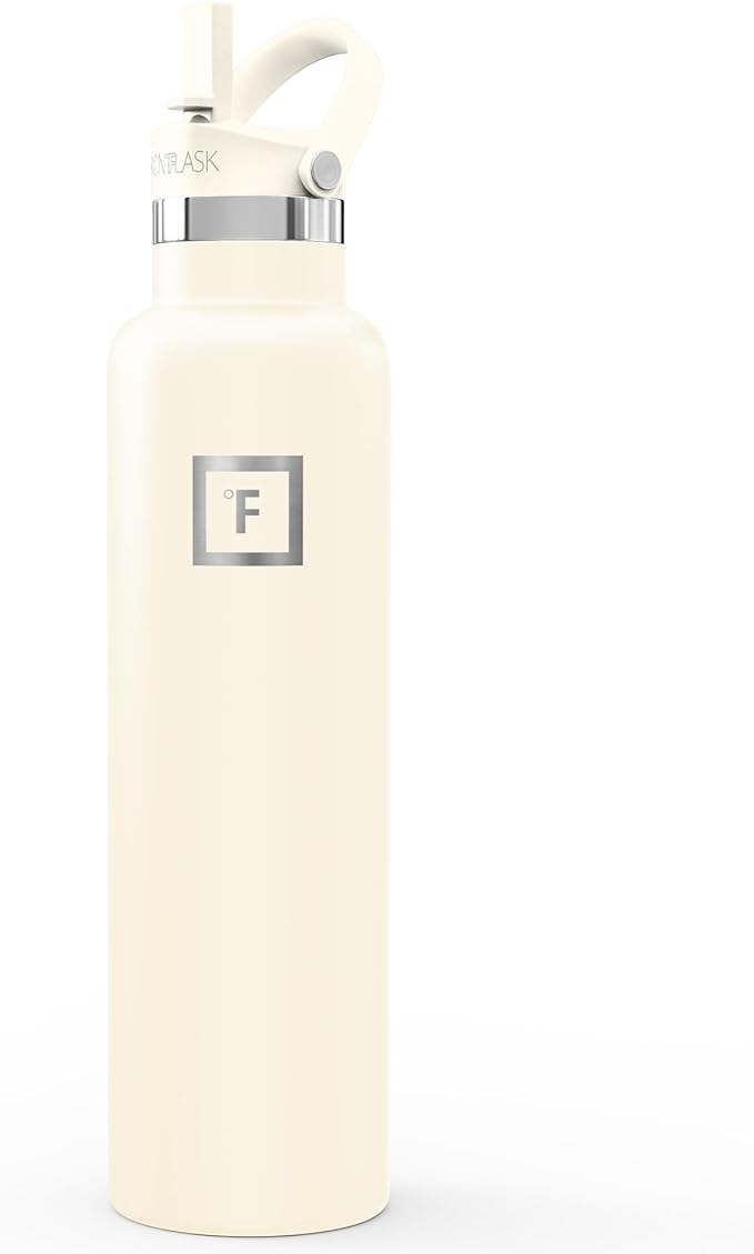 IRON °FLASK Camping & Hiking Hydration Flask with Straw, Narrow Mouth Insulated Stainless Steel Sports Water Bottle - Cashmere Cream 24 oz - Straw (1 Lid)