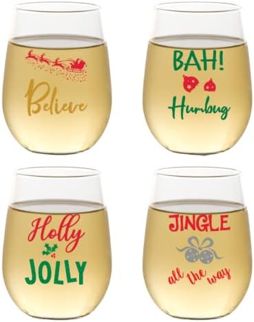 Set of 4 Shatterproof Designer 16 oz Plastic Wine Glasses MADE in the USA (HOLLY JOLLY)
