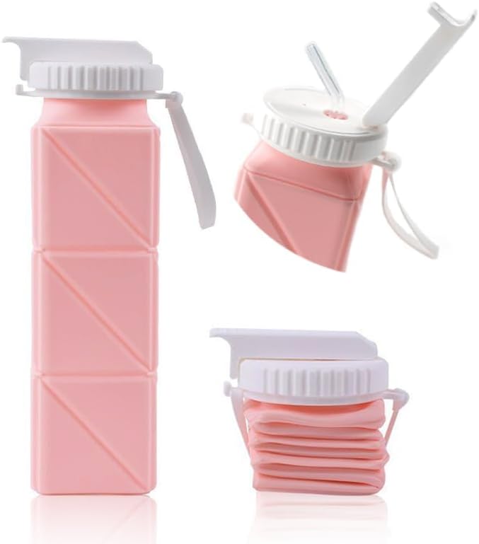 EOBTAIN Pink Travel Collapsible Water Bottle with Straw 20oz BPA Free Portable Silicone Foldable Water Bottles Cups,Lightweight Durable Sports Water Bottles for Hiking,Camping,Gym