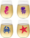 Set of 4 Shatterproof Designer 16 oz Plastic Wine Glasses MADE in the USA (SEA LIFE)
