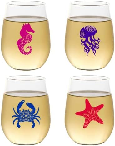 Set of 4 Shatterproof Designer 16 oz Plastic Wine Glasses MADE in the USA (SEA LIFE)