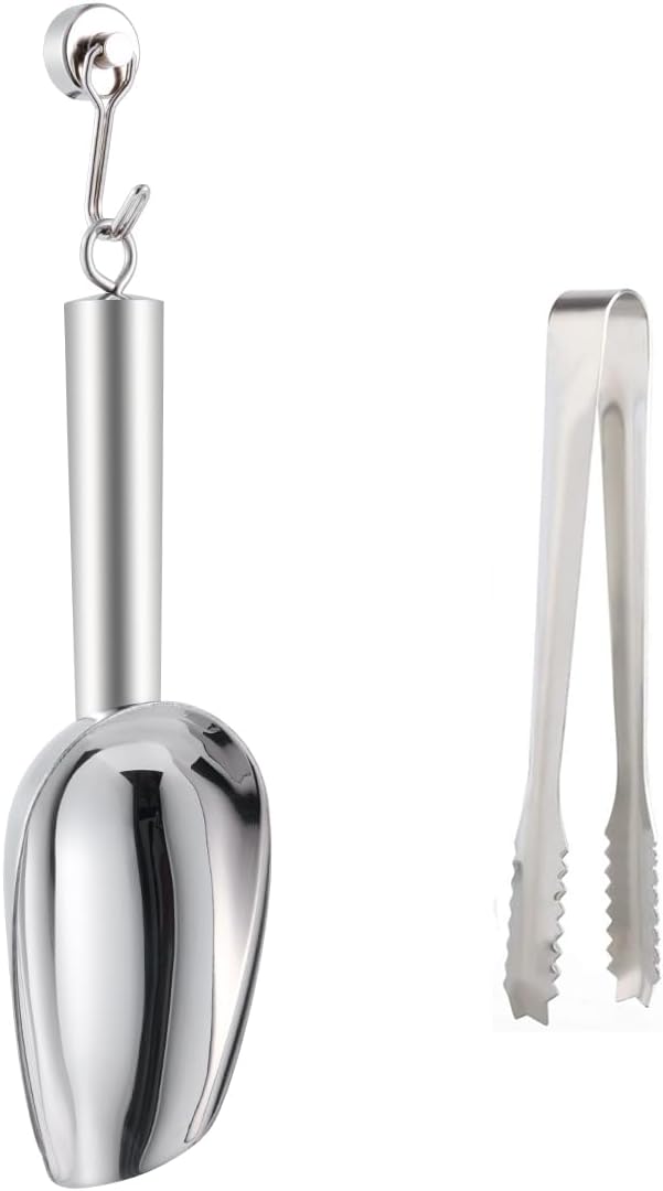 Ice Maker Scoop with Magnetic Hook Holder, Kitchen Ice Scoop for Refrigerator, Multipurpose for Pet Food, Flour, Grains, Candy (Polished stainless steel)