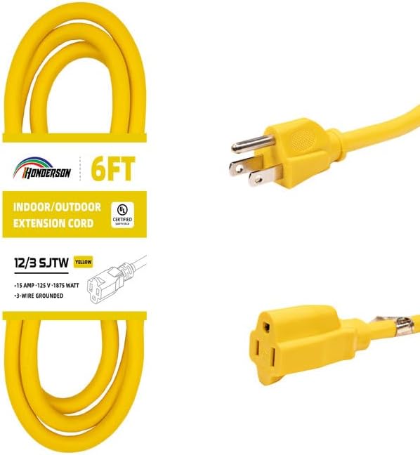 Indoor/Outdoor Extension Cord, 12 Gauge 6FT Yellow 3 Prong Heavy Duty, Weatherproof, UL Certified, 15A Power Cord for Outdoor Lights, Appliances, Lawn