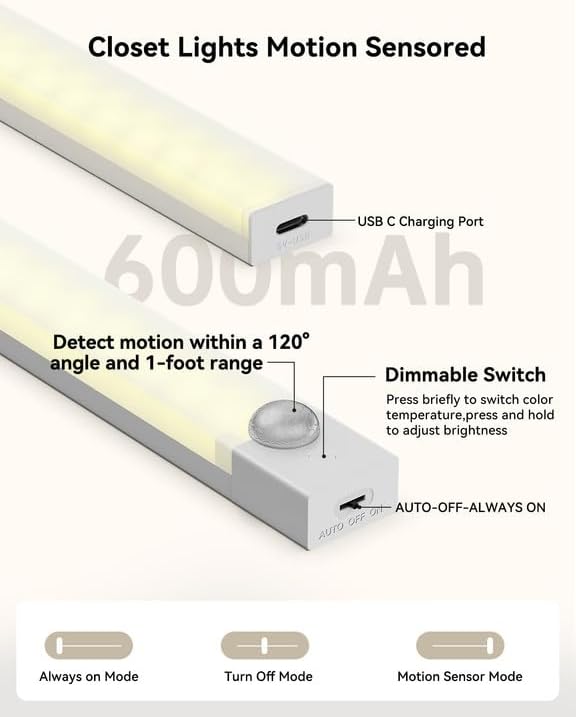 Under Cabinet Lights 4-Inch 12-Pack, USB Rechargeable Motion Sensor Light Indoor 3 Colors, Dimmable Closet Lights Battery Operated, Wireless Under Counter Lights for Kitchen, Shelf