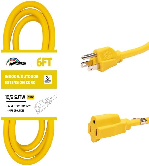 Indoor Outdoor Extension Cord Weatherproof, UL Certified, 10 Gauge 6FT Yellow 3 Prong Heavy Duty, 10/3 SJTW 15A Power Cord for Outdoor Lights, Appliances, Lawn