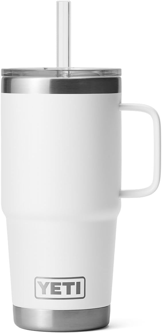 YETI Rambler 25 oz Tumbler with Handle and Straw Lid, Travel Mug Water Tumbler, Vacuum Insulated Cup with Handle, Stainless Steel, White