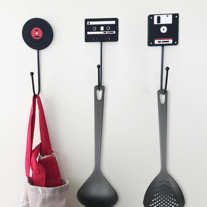 OUNONA 3Pcs Retro Household Hooks Set Multi-Purpose Wall Hanging Hooks for Kitchen Bathroom Door Use Creative Tape Vinyl Record Computer Disk Shapes