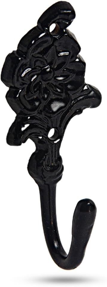 FAPBADRI Multipurpose Hooks, Used to Hang Clothes, Bags, Coats, Curtain Hold Backs, Keys, Colour - Matt Black, Material - Brass, Flower Design, Screws and Wallplugs Included, Pack of 4 Pieces