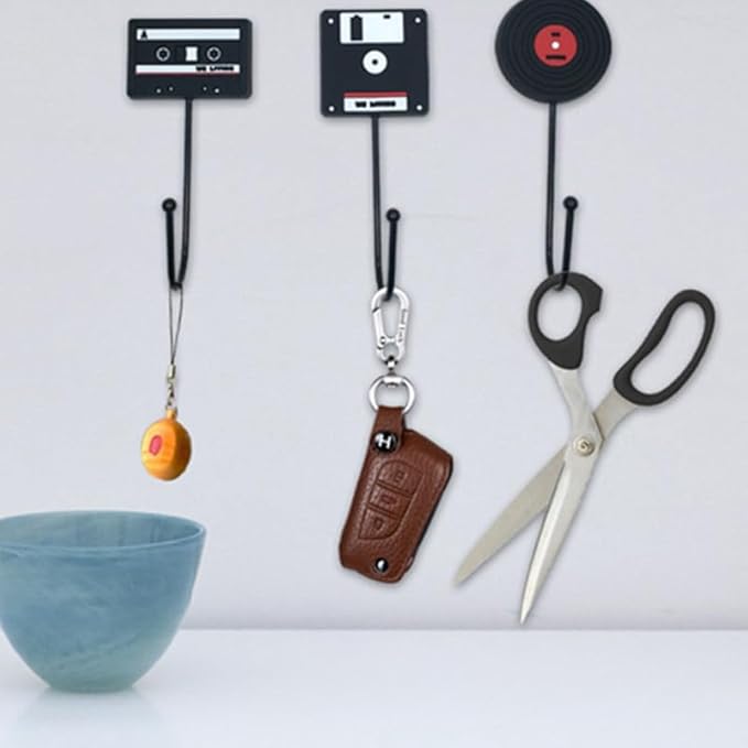 OUNONA 3Pcs Retro Household Hooks Set Multi-Purpose Wall Hanging Hooks for Kitchen Bathroom Door Use Creative Tape Vinyl Record Computer Disk Shapes