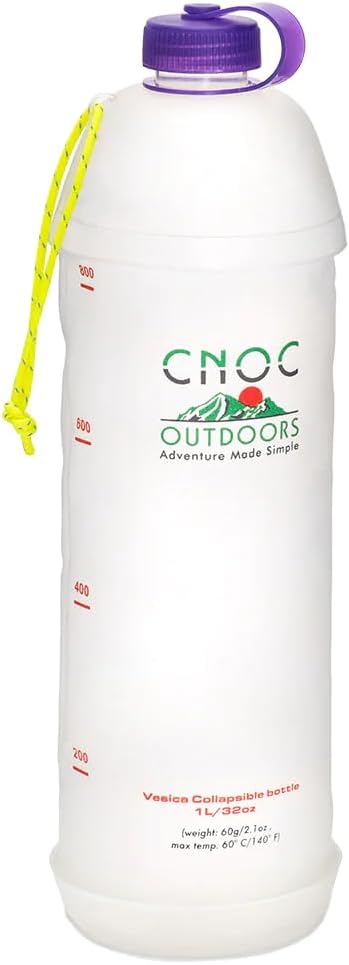 Cnoc Outdoors Vesica Collapsible Water Bottle 1 Liter Purple, 28mm Thread Compatible with Popular Filters, Packs Down Small when Empty, Perfect for Travel and Hiking