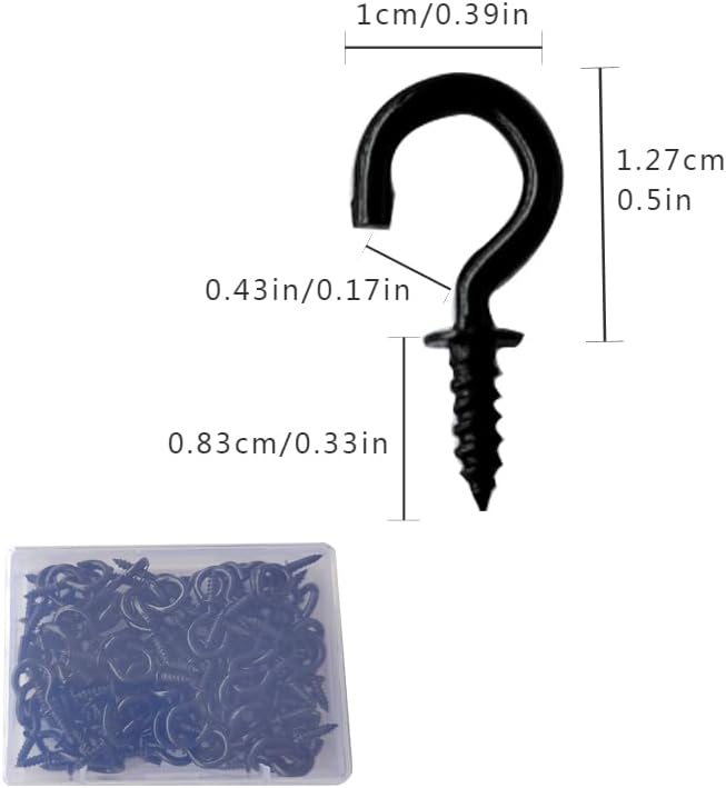 Set of 100 Nickel Plated Metallic Black Cup Hooks Small Hooks, 1/2 Inch Delicate Size, Threaded Ceiling Hooks, Plant Hooks, Kitchen, and More Multi-Purpose in One