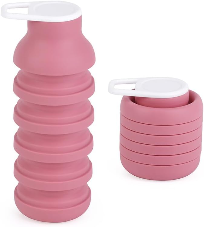 Collapsible Silicone Water Bottle, 600ml Portable Foldable Sports Bottle with Carabiner, Food Grade Silicone and PP (dusty pink)