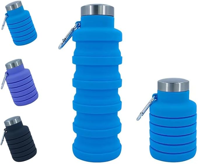 Collapsible Water Bottles 12oz, Odorless BPA-Free Silicone, Leak-Proof Foldable Reusable Bottle - Perfect for Travel Sports Gym Hiking Camping Cycling - Light Blue