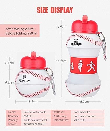 Clip-On Collapsible BPA-Free Silicone Baseball Water Bottle for Kids, 19 Oz. Size