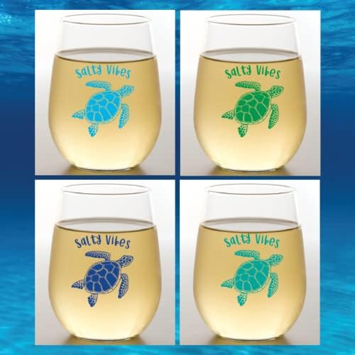 Set of 4 Shatterproof Designer 16 oz Plastic Wine Glasses MADE in the USA (SEA TURTLES)