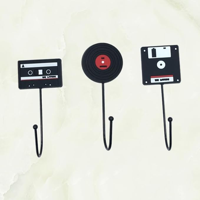 OUNONA 3Pcs Retro Household Hooks Set Multi-Purpose Wall Hanging Hooks for Kitchen Bathroom Door Use Creative Tape Vinyl Record Computer Disk Shapes