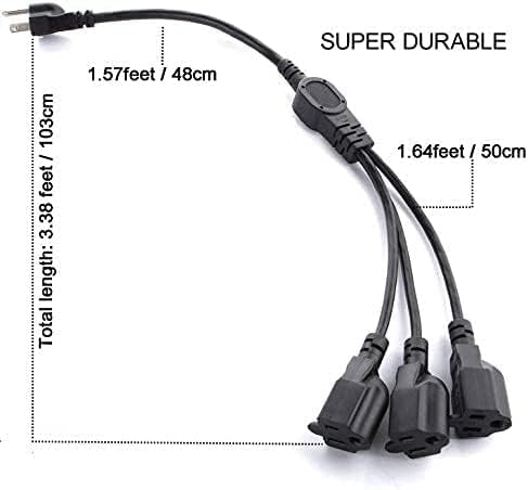 3.3FT 3 Prong 1 to 3 Extension Cord Splitter, Indoor Outdoor Power Cable 3-Outlet Power Cord Splitter Cords, SJT 16AWG 10A/1250W for Halloween Lights, Christmas Decorations, Computer, Scanner (Black)
