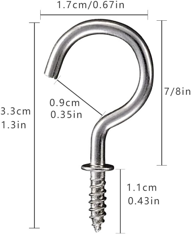 Set of 40 Nickel Plated Metallic Silver Cup Hooks - Small, 7/8 Inch Delicate Size, Versatile Threaded Ceiling Hooks & Silver Screw Hooks for Multi-Purpose Use