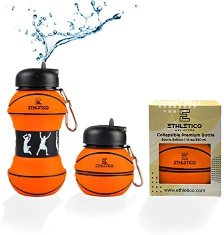 Collapsible Water Bottles with Carabiner Food Grade Sports Water Bottle for Gift Kids Folding Water Bottle for Hiking, School, GYM, Sports and Travelling 19 Oz/550ml (Basketball)